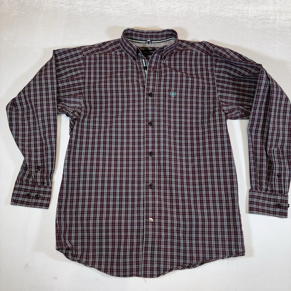 Ariat Pro Series Shirt Mens Small Burgundy Teal Plaid Long Sleeve Western Button - Picture 2 of 11